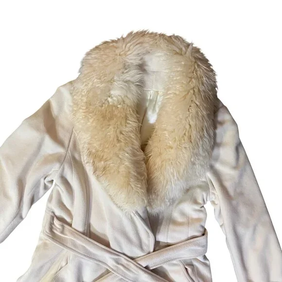 Vintage Kashmiracle Coat Womens S/M? Cream Fur Collar Used Long Belted Coat Uniq - Picture 5 of 16